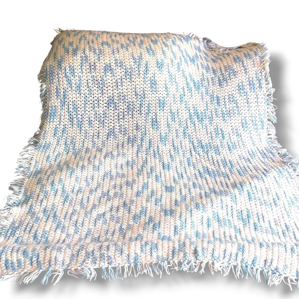 Handmade Crochet Baby Blanket Pastel Blue Pink White Variegated Fringed Afghan